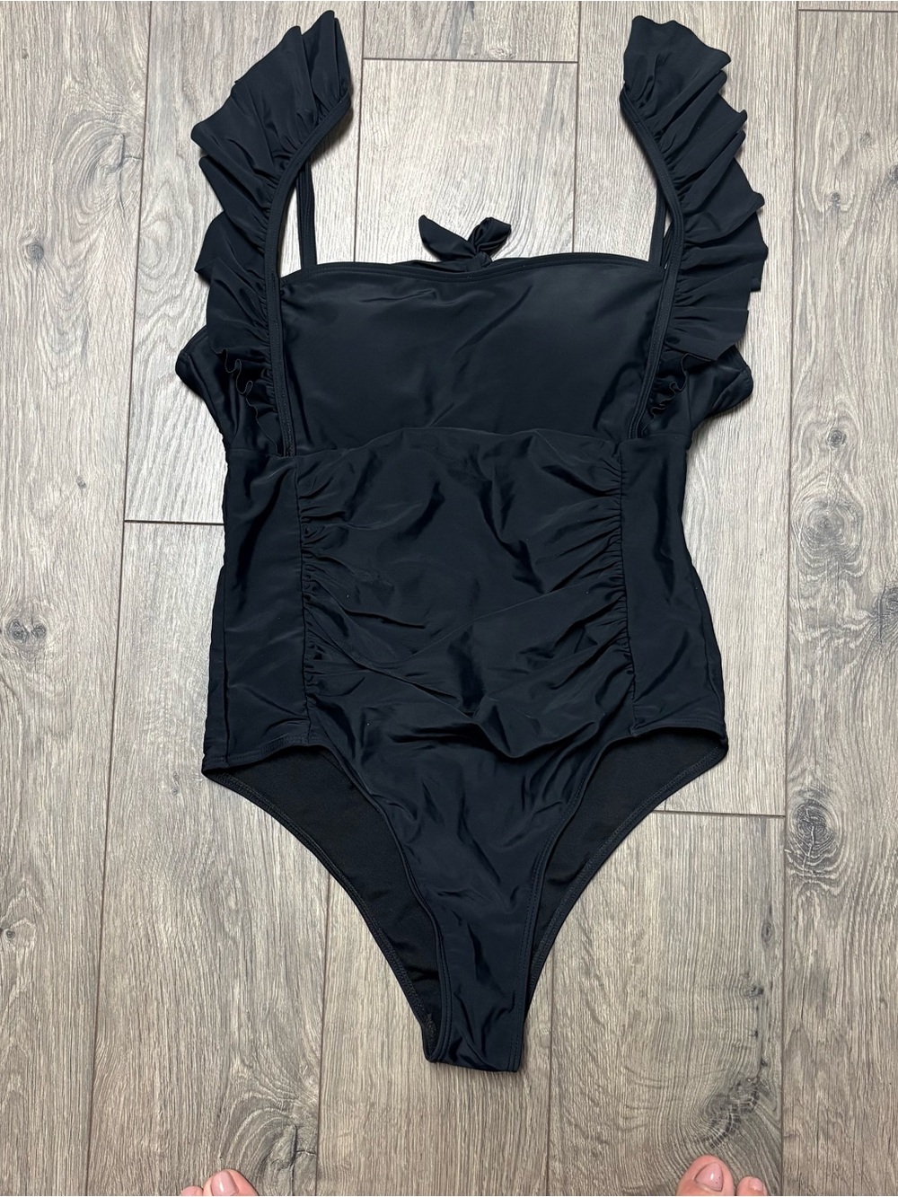 Black ruffle modest cute one piece swimsuit large NWOT